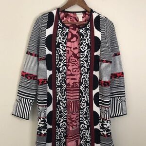 Chico's Vibrant red black white longline cardigan leopard print stripes SZ 0/SM